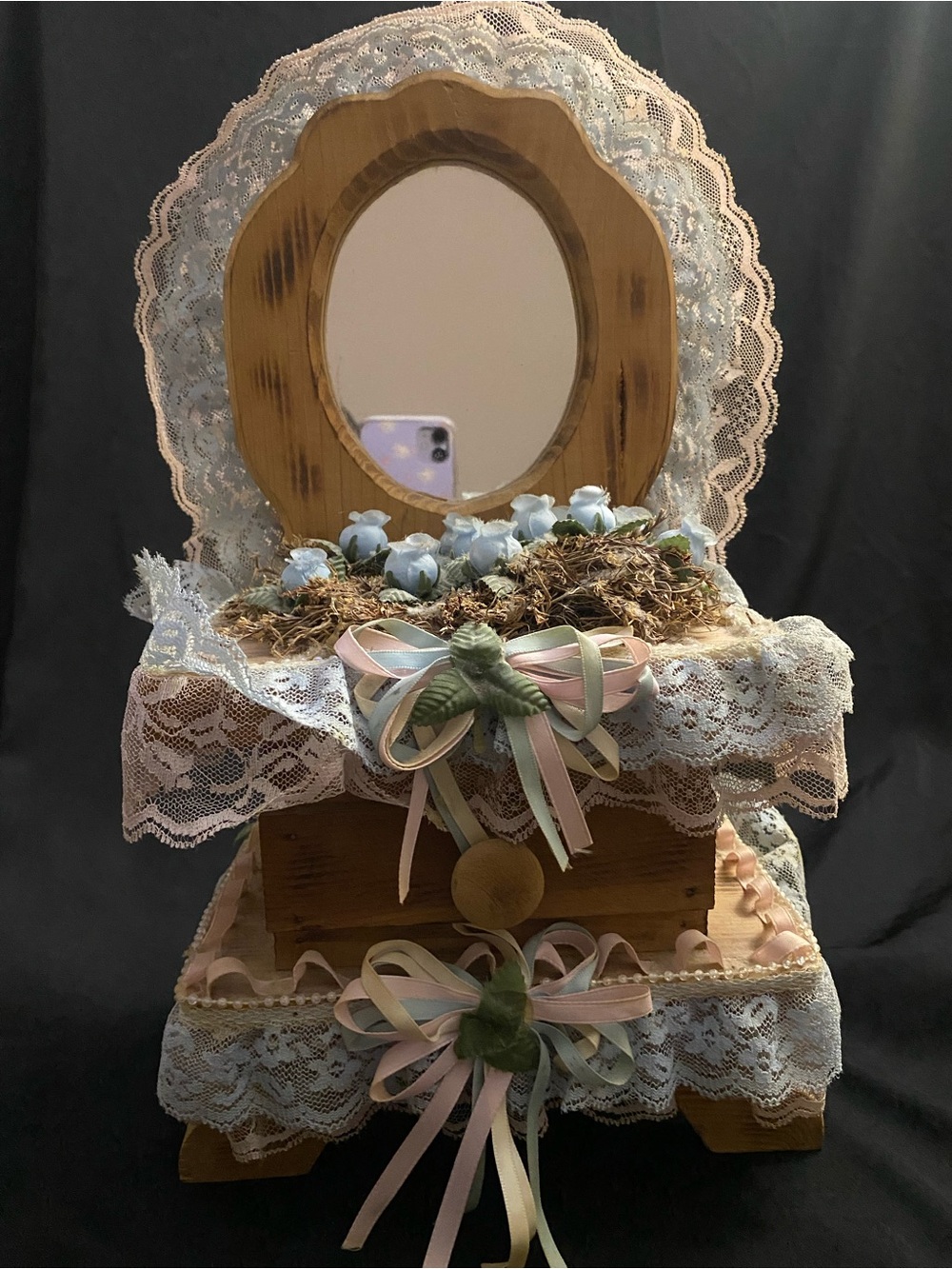 Vintage Shabby Chic Jewelry Box, featuring an integrated tabletop mirror.